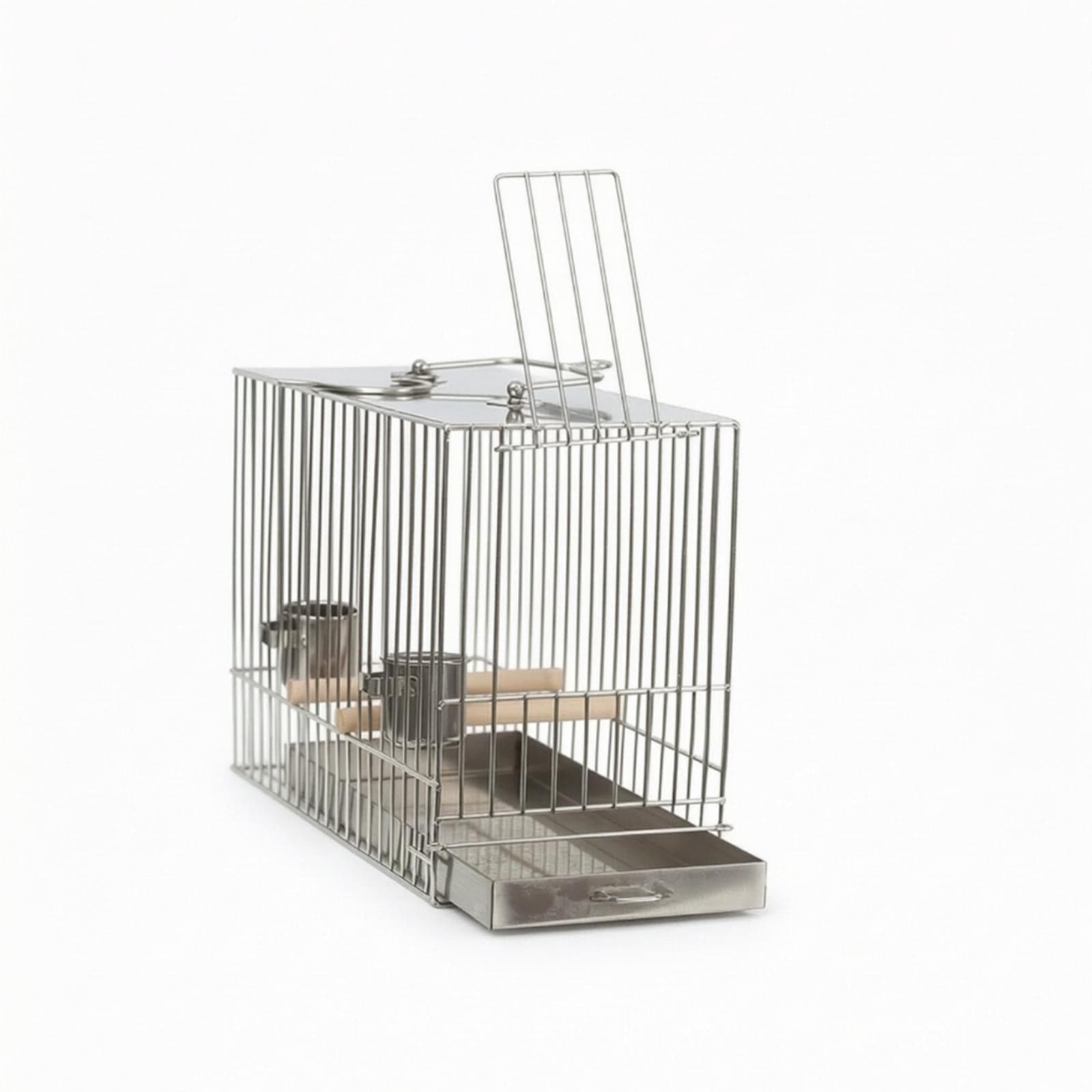 A large, ornate black bird cage with colorful toys