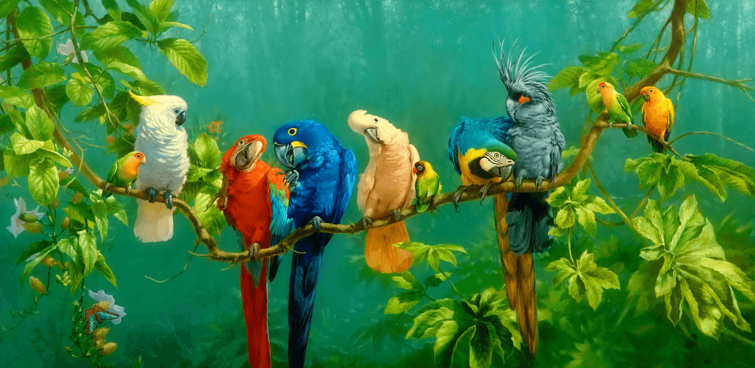 Three parrots — African Grey, Macaw, and Cockatoo — together on a branch